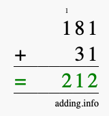 Calculate 181 + 31 using long addition
