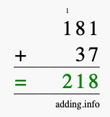 Calculate 181 + 37 using long addition