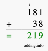 Calculate 181 + 38 using long addition