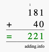 Calculate 181 + 40 using long addition