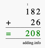 Calculate 182 + 26 using long addition