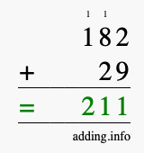 Calculate 182 + 29 using long addition
