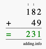 Calculate 182 + 49 using long addition