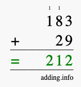 Calculate 183 + 29 using long addition
