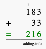 Calculate 183 + 33 using long addition