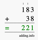 Calculate 183 + 38 using long addition
