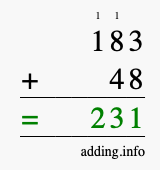 Calculate 183 + 48 using long addition
