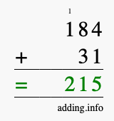 Calculate 184 + 31 using long addition