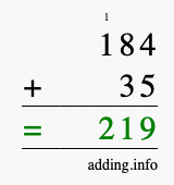 Calculate 184 + 35 using long addition