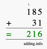 Calculate 185 + 31 using long addition