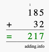 Calculate 185 plus 32 using long addition Calculate 185 + 32 using long addition