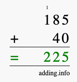 Calculate 185 + 40 using long addition