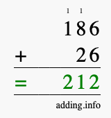 Calculate 186 + 26 using long addition