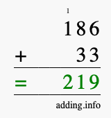Calculate 186 + 33 using long addition
