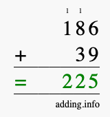 Calculate 186 + 39 using long addition