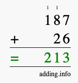 Calculate 187 + 26 using long addition