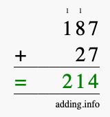 Calculate 187 + 27 using long addition