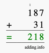 Calculate 187 + 31 using long addition