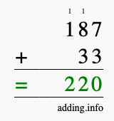 Calculate 187 + 33 using long addition