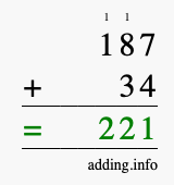 Calculate 187 + 34 using long addition