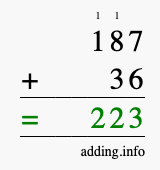 Calculate 187 + 36 using long addition