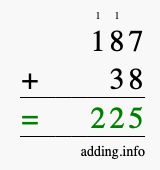 Calculate 187 + 38 using long addition