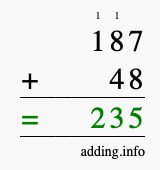 Calculate 187 + 48 using long addition