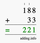 Calculate 188 + 33 using long addition