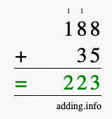 Calculate 188 + 35 using long addition