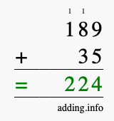 Calculate 189 + 35 using long addition