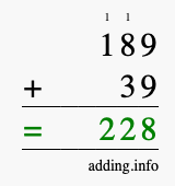 Calculate 189 + 39 using long addition