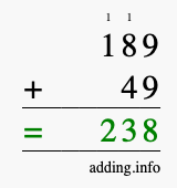 Calculate 189 + 49 using long addition