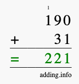 Calculate 190 + 31 using long addition