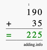 Calculate 190 + 35 using long addition