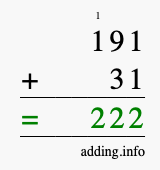 Calculate 191 + 31 using long addition