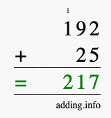 Calculate 192 + 25 using long addition