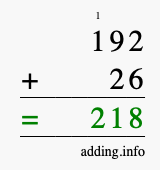 Calculate 192 + 26 using long addition