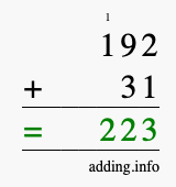 Calculate 192 + 31 using long addition