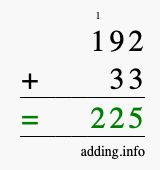 Calculate 192 + 33 using long addition