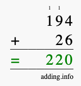 Calculate 194 + 26 using long addition