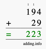 Calculate 194 + 29 using long addition