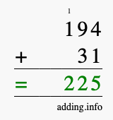 Calculate 194 + 31 using long addition
