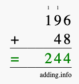 Calculate 196 + 48 using long addition