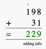 Calculate 198 + 31 using long addition