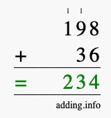 Calculate 198 + 36 using long addition