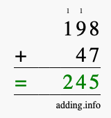 Calculate 198 + 47 using long addition