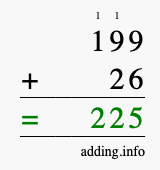 Calculate 199 + 26 using long addition