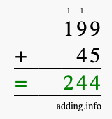 Calculate 199 + 45 using long addition