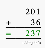Calculate 201 + 36 using long addition