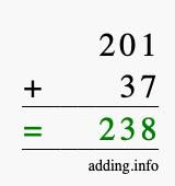 Calculate 201 + 37 using long addition
